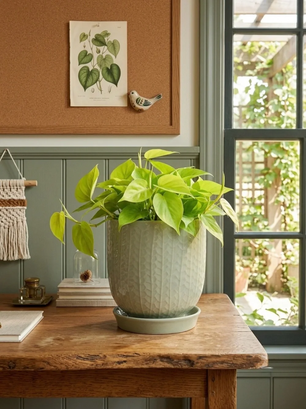 Sage Green Ceramic Planter with Attached Saucer, 7 Inch Textured Flower Pot